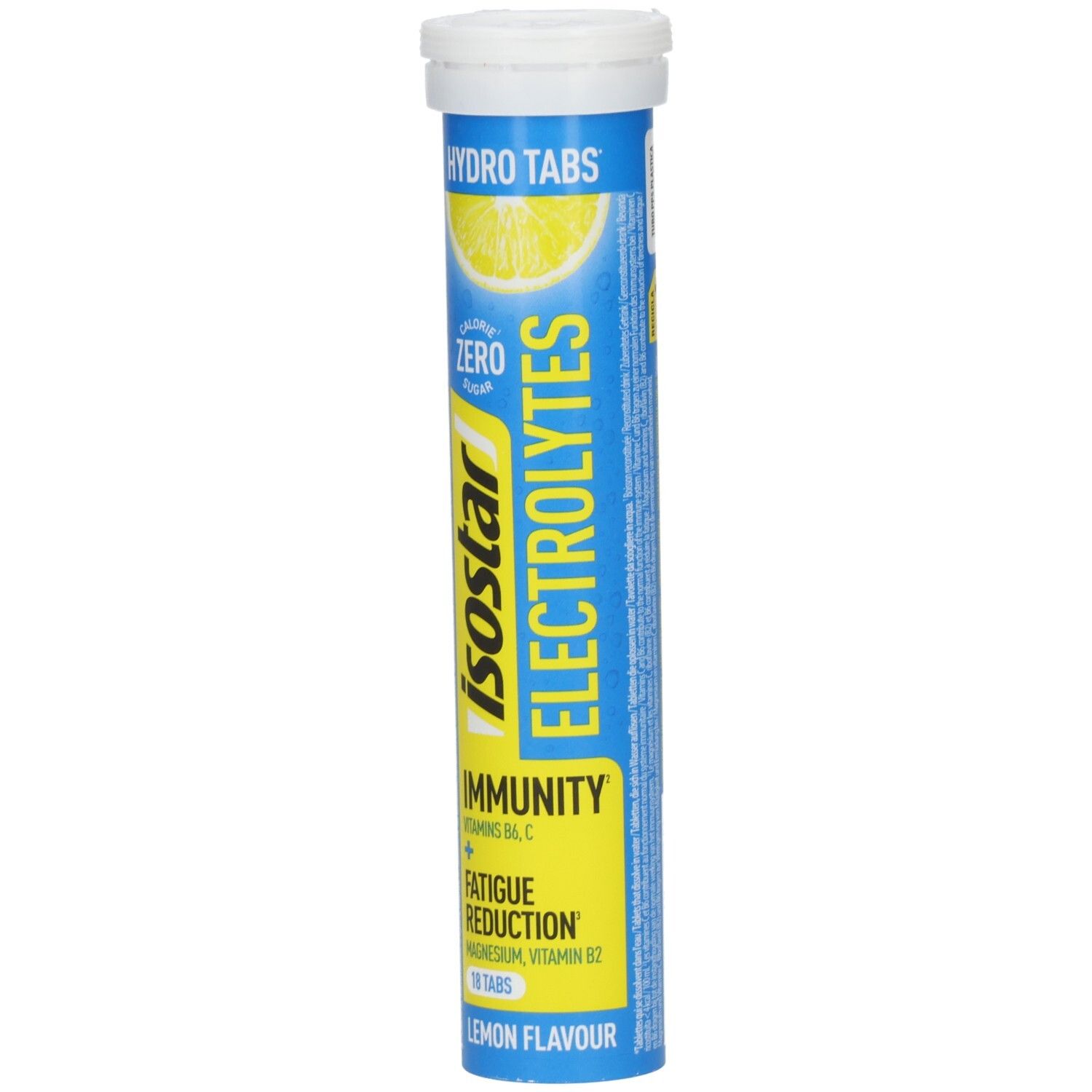 Tube cylindrique de comprimés. Inscription: Isostar Electrolytes, Hydro Tabs, citron. Contient 18 comprimés. Jaune et bleu.
