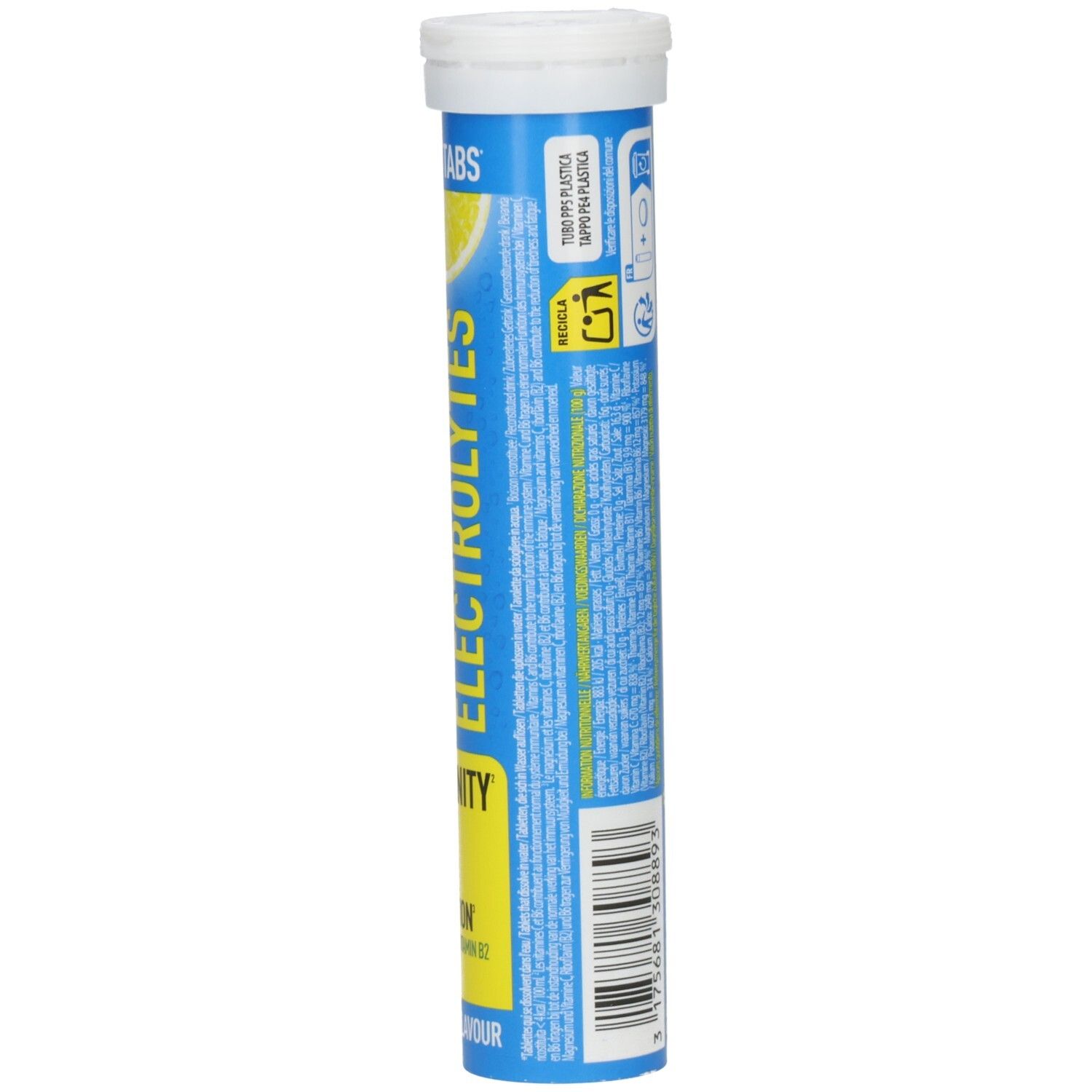 Tube cylindrique de comprimés. Dos avec texte et symboles. Texte: Isostar Electrolytes. Jaune et bleu.
