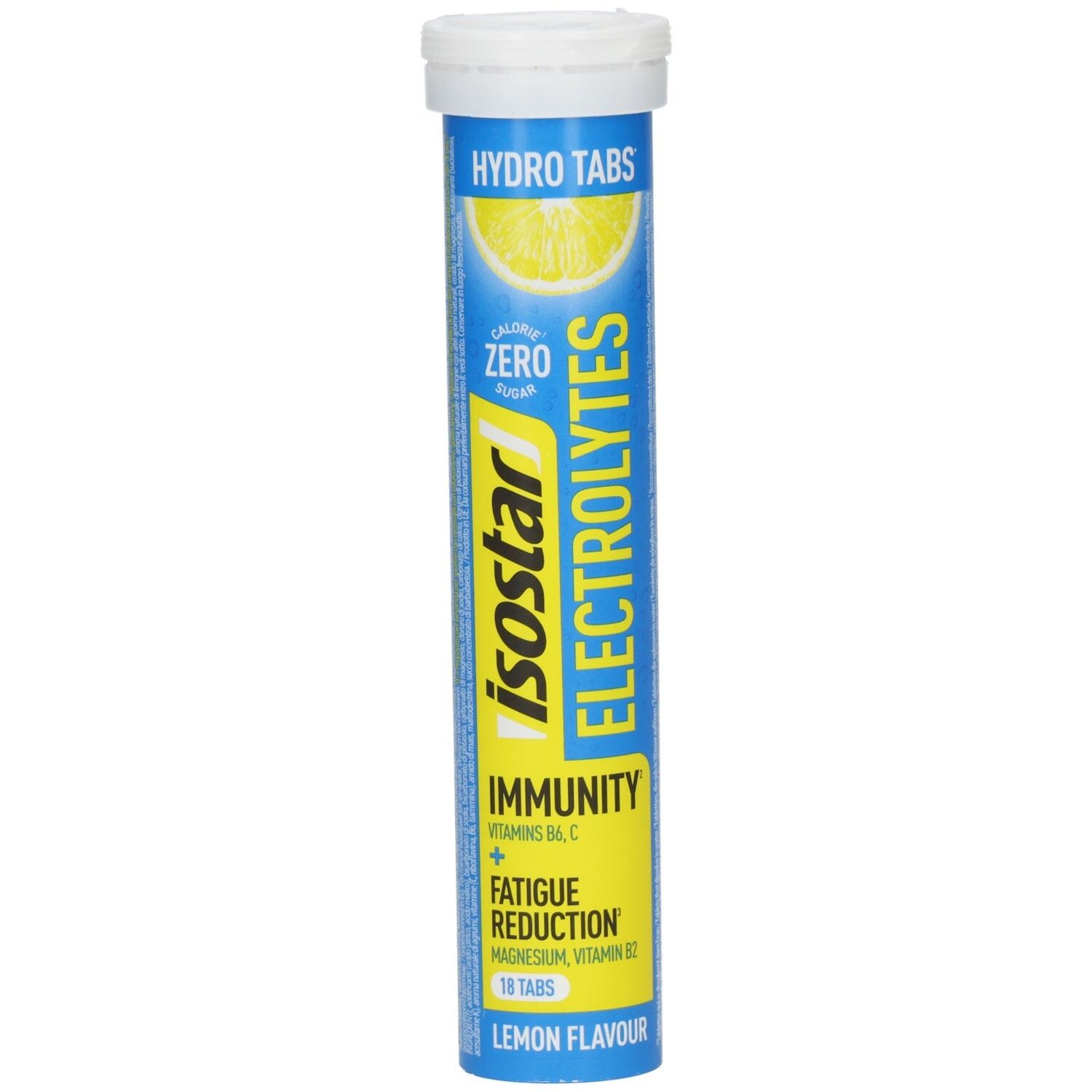 Tube cylindrique de comprimés. Inscription: Isostar Electrolytes, Hydro Tabs, citron. Contient 18 comprimés. Jaune et bleu.