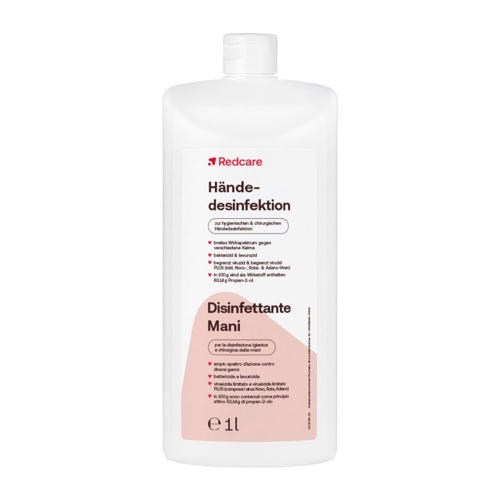 Redcare Handdesinfectie: 1 liter fles met schenktuit. Bevat informatie over breed werkingsspectrum en bacteriedodend.