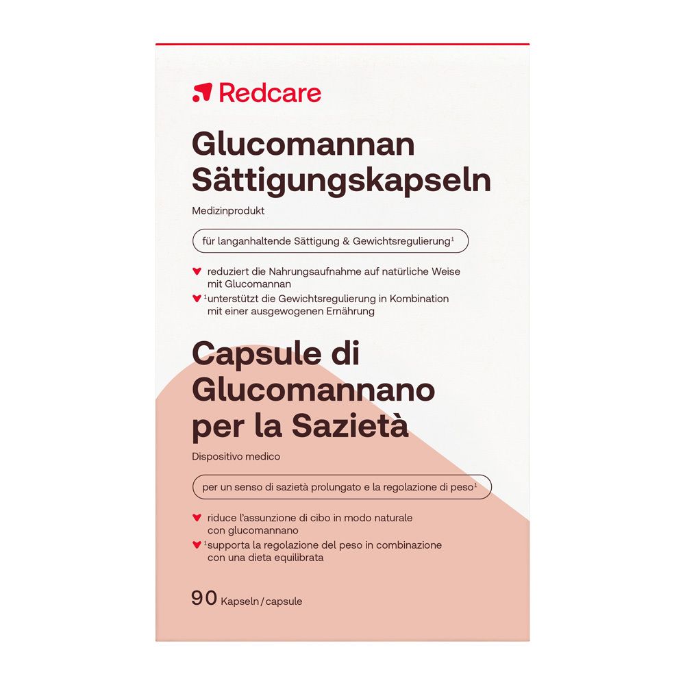 Verpakking met 90 capsules Redcare Glucomannan verzadigingscapsules.