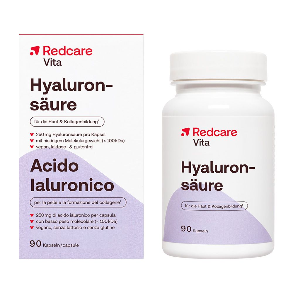 Gélules d'acide hyaluronique Redcare, 90 pièces. Contient 250mg d'acide hyaluronique par gélule.