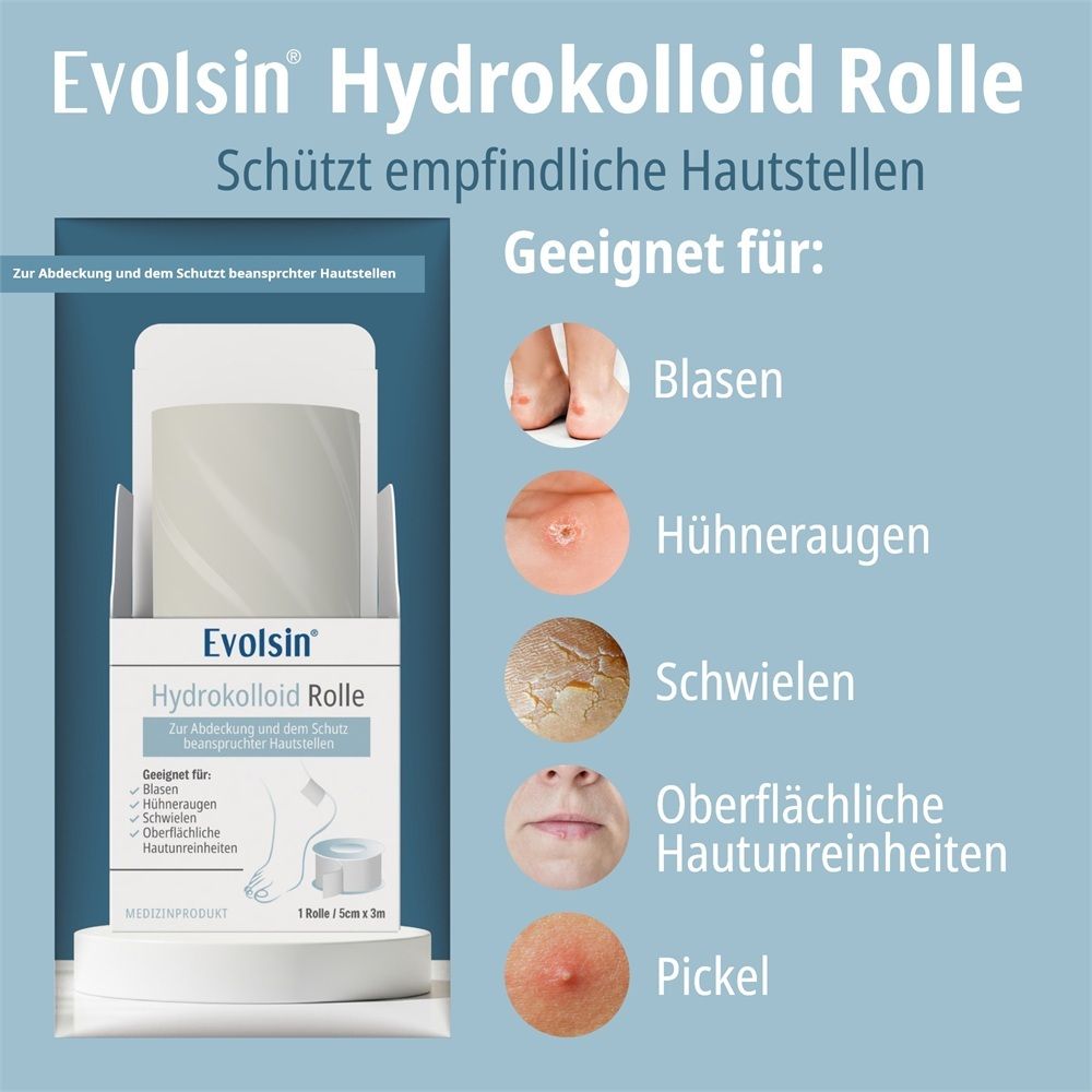 Rouleau hydrocolloïde Evolsin protège les zones sensibles de la peau comme les ampoules et les boutons.