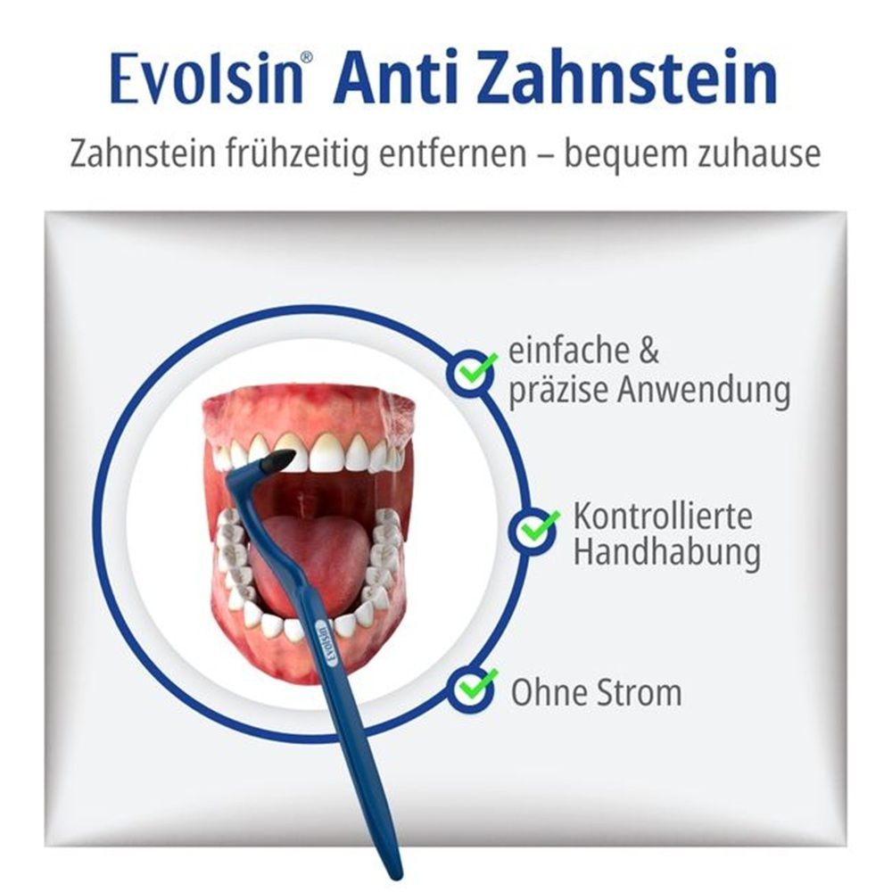 Appareil de nettoyage dentaire avec manche bleu et tête de brosse pour enlever le tartre. Montre une dentition humaine.