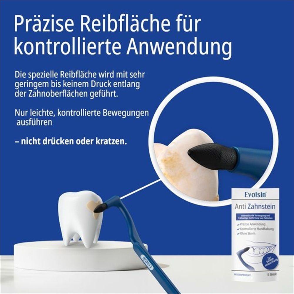 Dispositif de nettoyage dentaire avec embout de précision pour une application contrôlée sur les dents. Montre l'application sur un modèle dentaire.