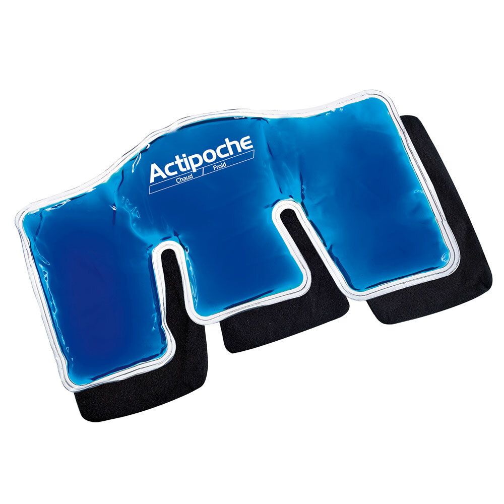 Coussin Actipoche bleu. Forme pour nuque et épaules. Housse noire. Marque Actipoche.