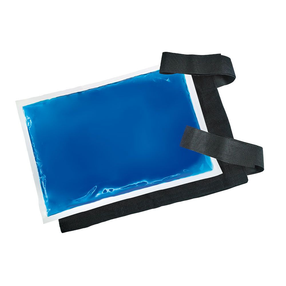 Blauw, rechthoekig Actipoche kussen met zwarte band. Voor warmte- of koude toepassing.