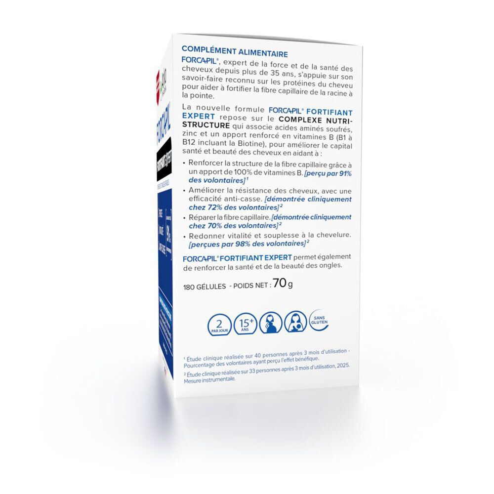Zijkant van een Forcapil Fortifiant Expert doos met productbeschrijving en logo's.
