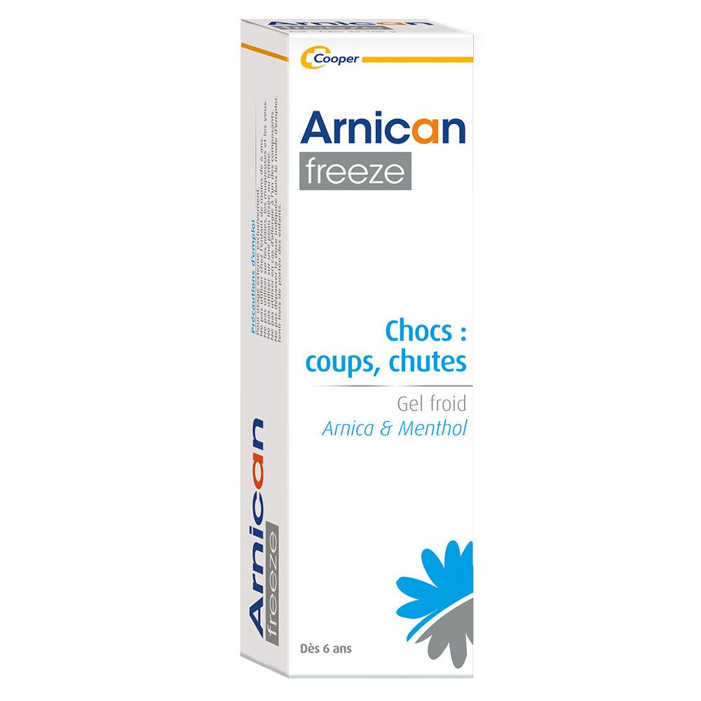 Emballage Arnican Freeze. Blanc, nom du produit et fleur bleue. Texte : Chocs, coups, chutes. Gel froid. Dès 6 ans.