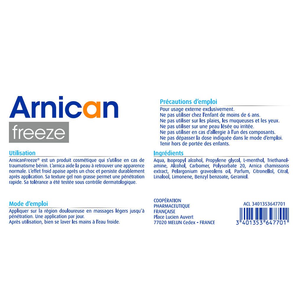 Dos de l'emballage Arnican Freeze. Texte : Utilisation, ingrédients, précautions d'emploi. Informations fabricant.