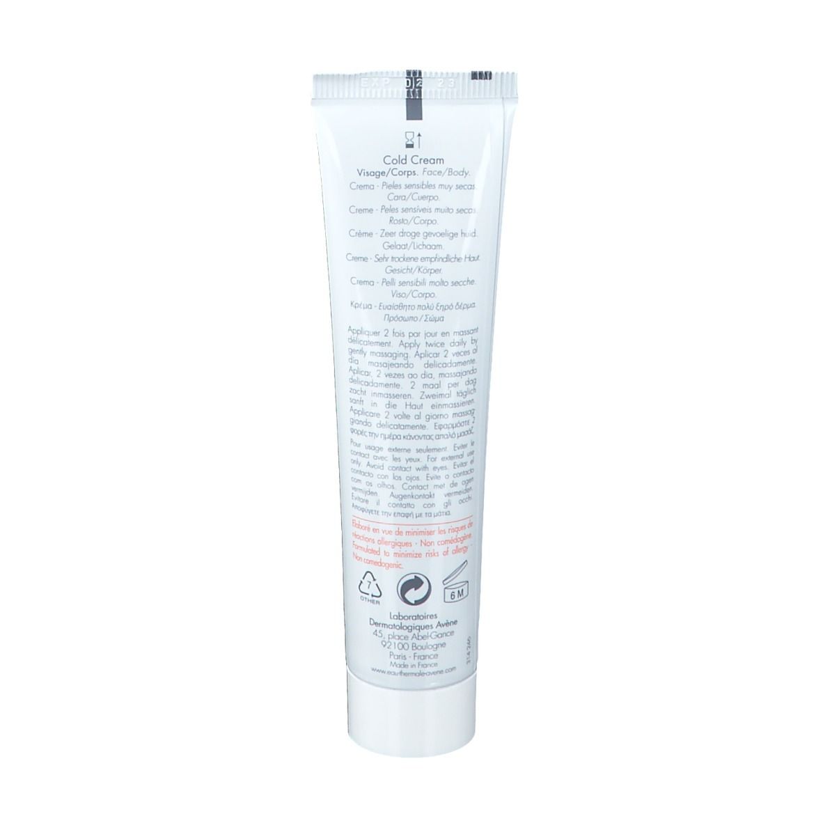 Achterkant van de tube Avene Cold Cream. Meertalige tekst. Gebruiks- en ingrediënteninformatie.