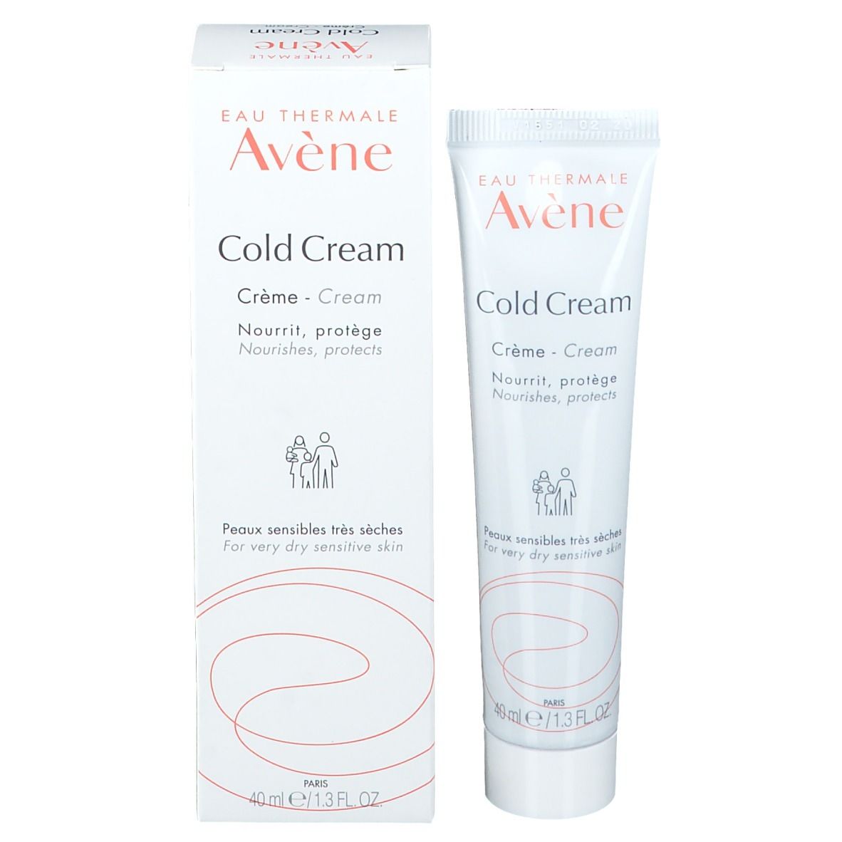 Tube en kartonnen verpakking Avene Cold Cream. Tekst: Cold Cream, Crème, Nourrit, protège. Voor een zeer droge huid. 40ml.