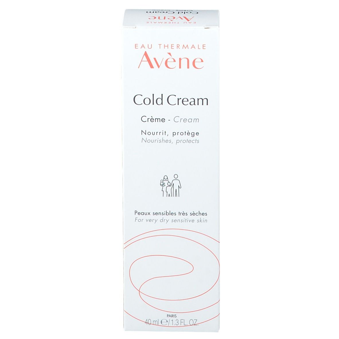 Kartonnen verpakking Avene Cold Cream. Tekst: Cold Cream, Crème, Nourrit, protège. Voor een zeer droge huid.