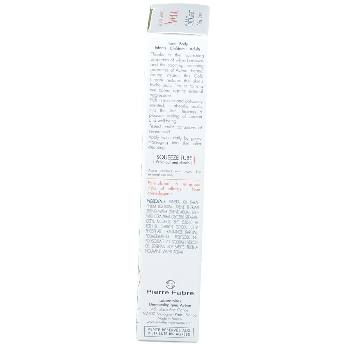 Zijkant van de kartonnen verpakking Avene Cold Cream. Tekst: Ingrediënten, gebruiksaanwijzing, fabrikantinfo.