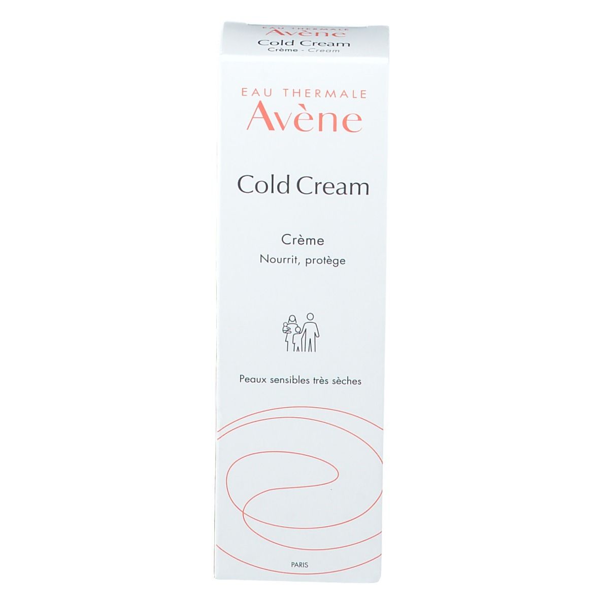 Kartonnen verpakking Avene Cold Cream. Tekst: Cold Cream, Crème, Nourrit, protège. Voor een zeer droge huid.