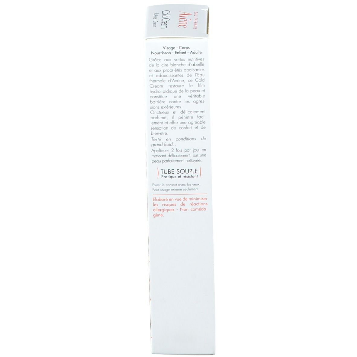 Zijkant van de kartonnen verpakking Avene Cold Cream. Tekst: Gebruik, ingrediënten, fabrikantinfo.