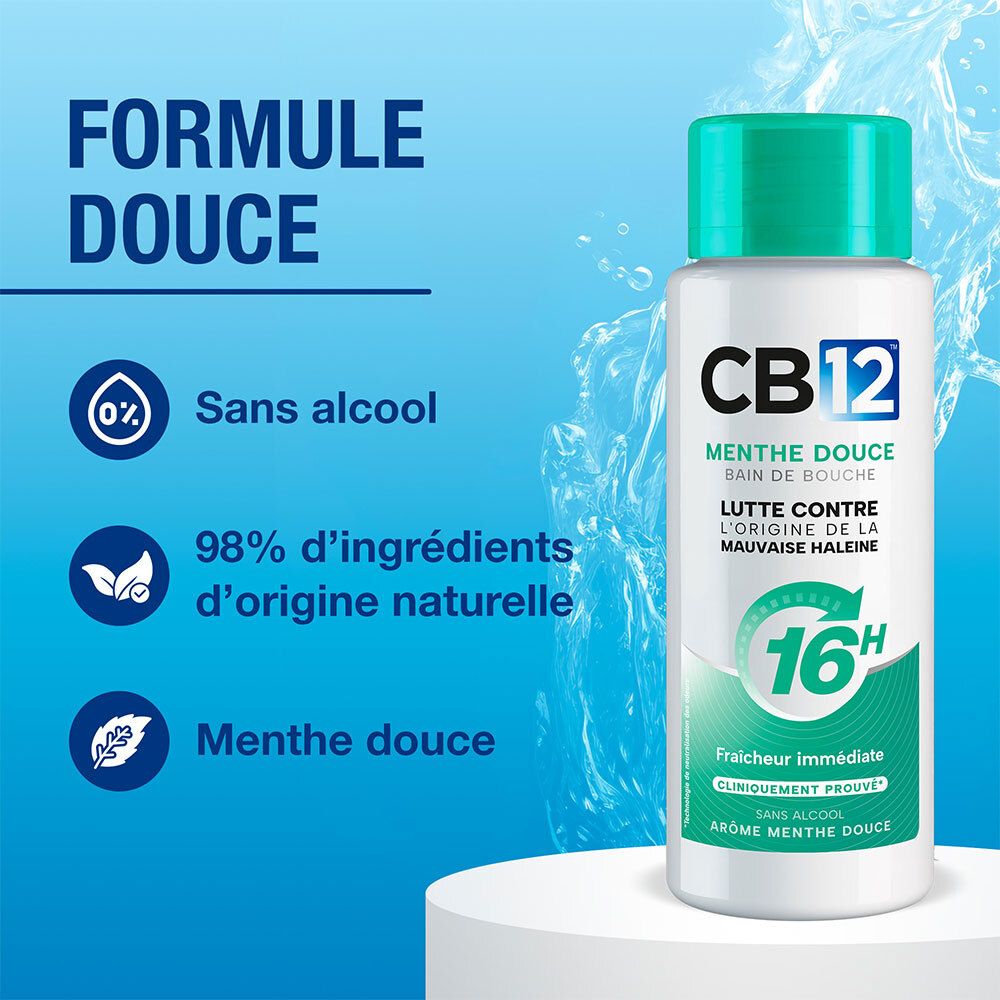 CB12 mondspoeling fles. "Milde formule", "Zonder alcohol", "98% natuurlijke ingrediënten".