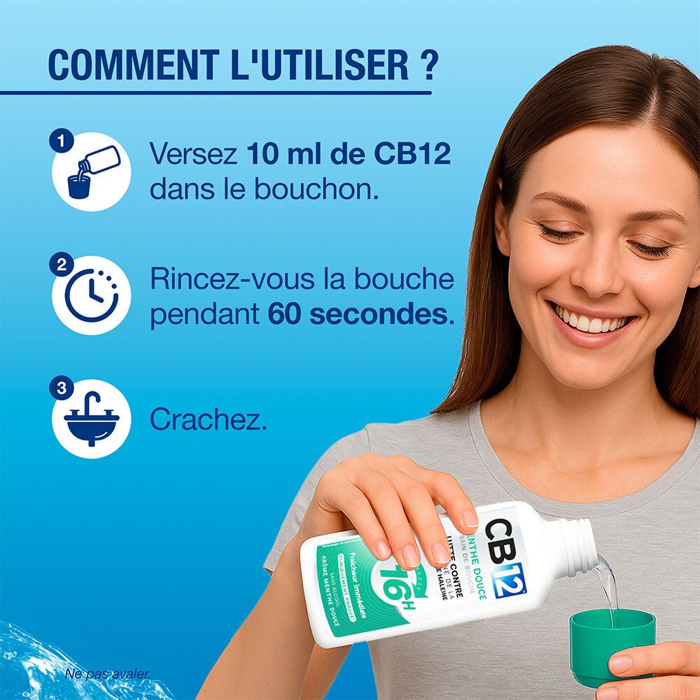 Vrouw schenkt CB12 mondspoeling in de dop. Instructies: 10 ml, 60 seconden spoelen, uitspugen.