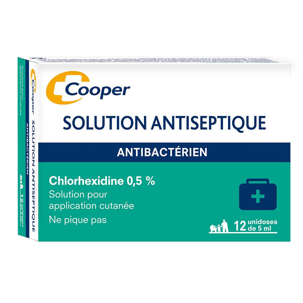 Doosje Cooper antiseptische oplossing. Opschrift: SOLUTION ANTISEPTIQUE, Chloorhexidine 0,5%. Bevat 12 unidoses van 5 ml. Antibacterieel.