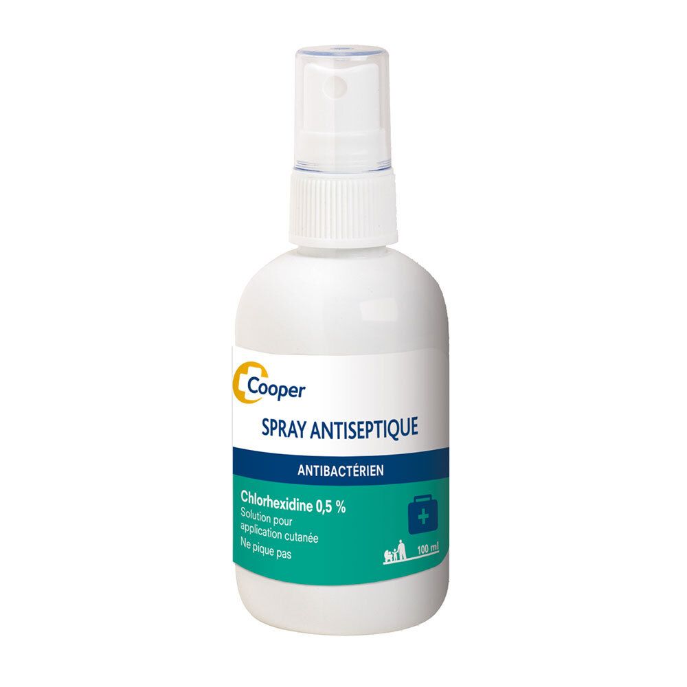 Flacon spray blanc avec logo Cooper. Inscription : Spray antiseptique, Chlorhexidine 0,5%.