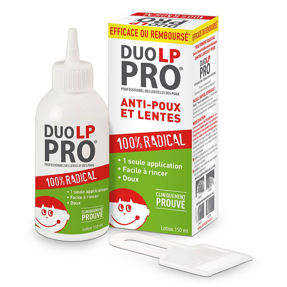Fles en doos Duo LP-Pro. Opschrift: Anti-luizen en neten, 100% Radical. Inclusief applicator.