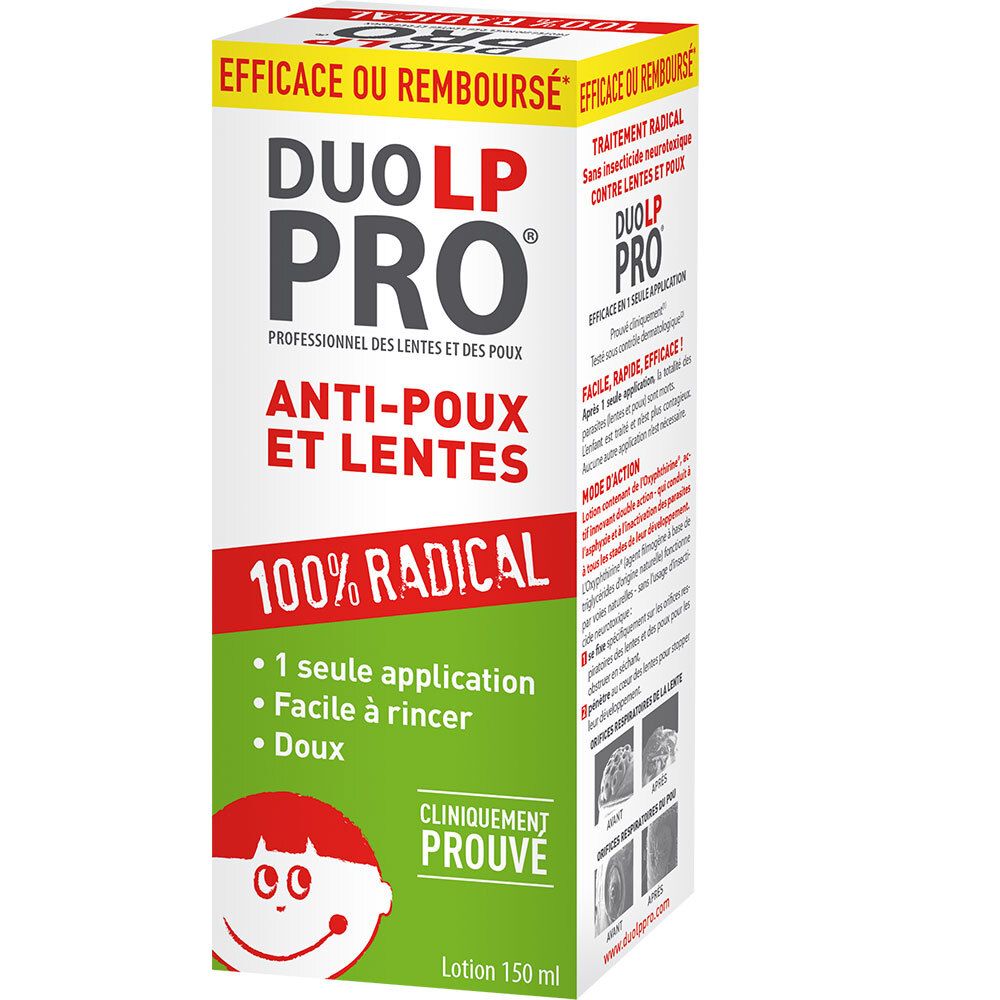 Duo LP-Pro doos. Opschrift: Anti-luizen en neten, 100% Radical. Klinisch bewezen. 150 ml.