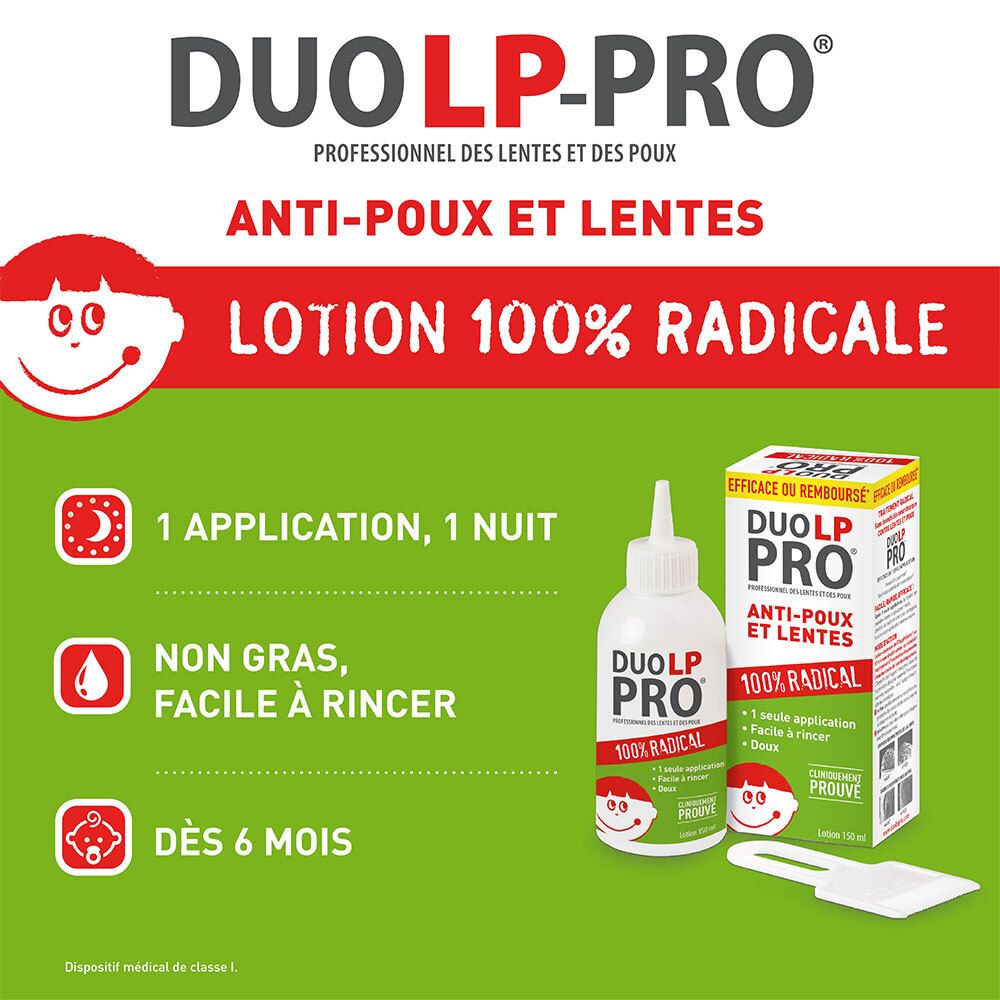 Fles en doos Duo LP-Pro. Opschrift: Anti-luizen en neten, 100% Radical. 1 toepassing, 1 nacht.