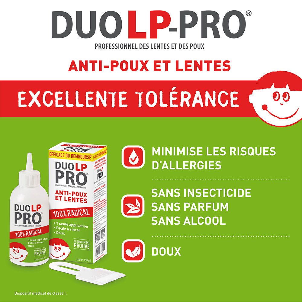 Fles en doos Duo LP-Pro. Opschrift: Anti-luizen en neten. Uitstekende tolerantie. Zonder insecticide, parfum, alcohol.