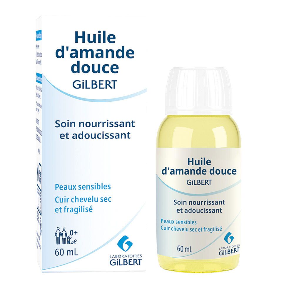 Flacon et boîte d'huile d'amande douce Gilbert. Pour peaux sensibles et cheveux secs. Texte en français.