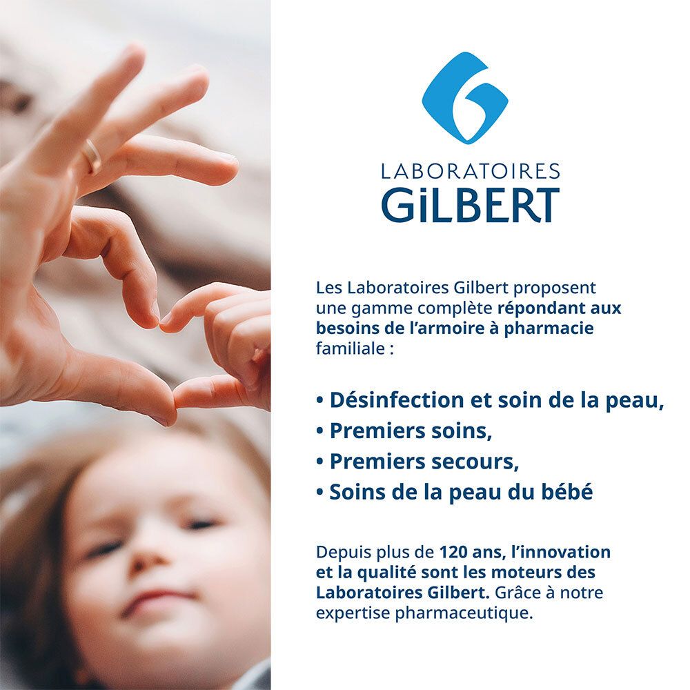 Mains formant un cœur. Laboratoires Gilbert. Produits : soins de la peau, soins bébé. Texte en français.