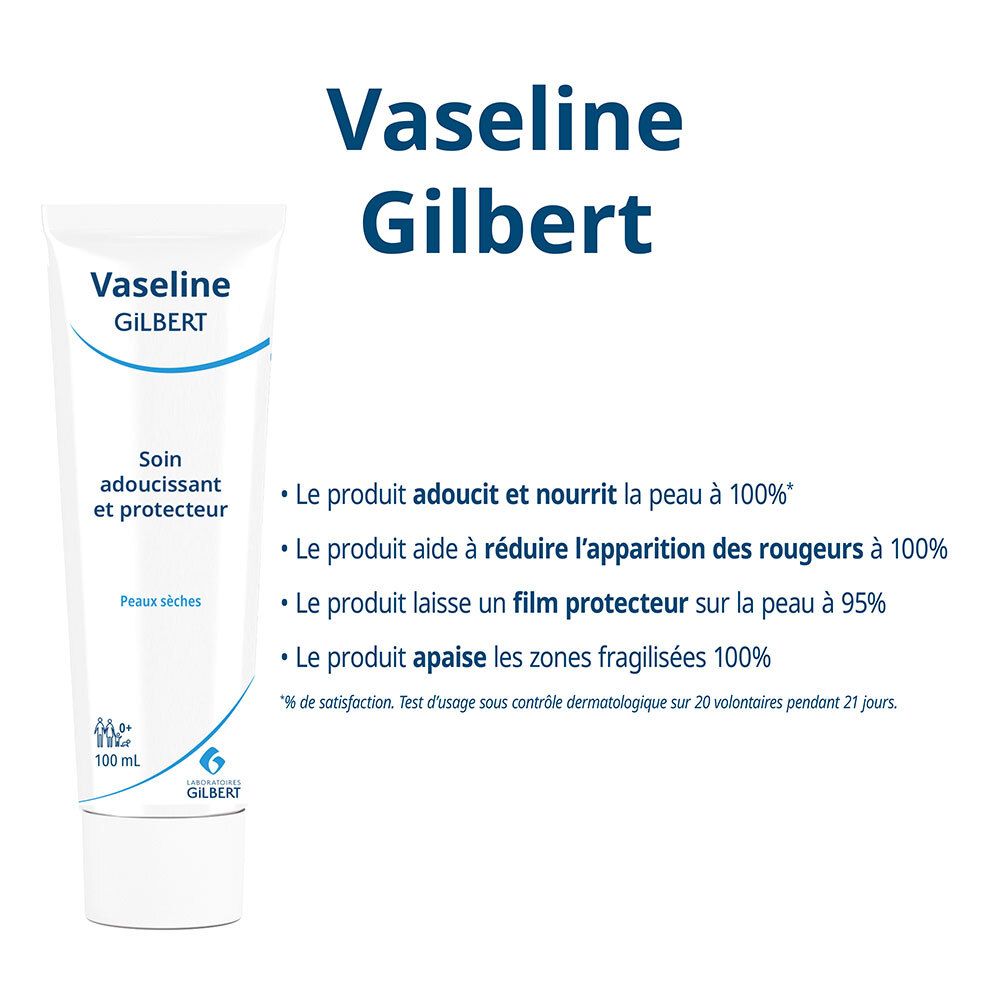 Tube Vaseline Gilbert. Tekst: Het product verzacht en voedt de huid voor 100%.