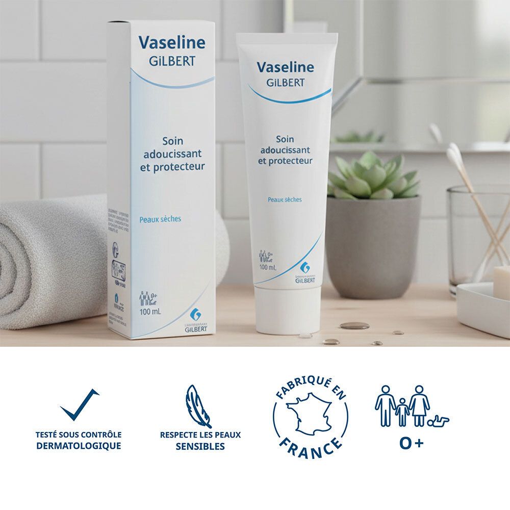 Tube en doos Vaseline Gilbert. Tekst: Dermatologisch getest. Gemaakt in Frankrijk.