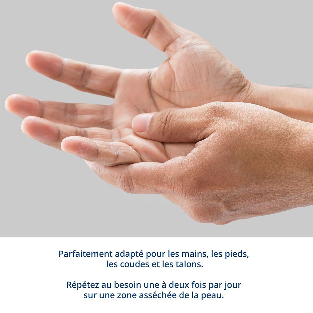 Handen. Tekst: Perfect voor handen, voeten, ellebogen en hielen. Herhaal indien nodig.