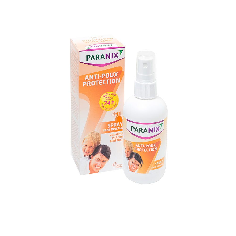 Flacon et boîte. Flacon blanc avec vaporisateur. Boîte avec étiquette produit et visages d'enfants. Texte: ANTI-POUX PROTECTION.