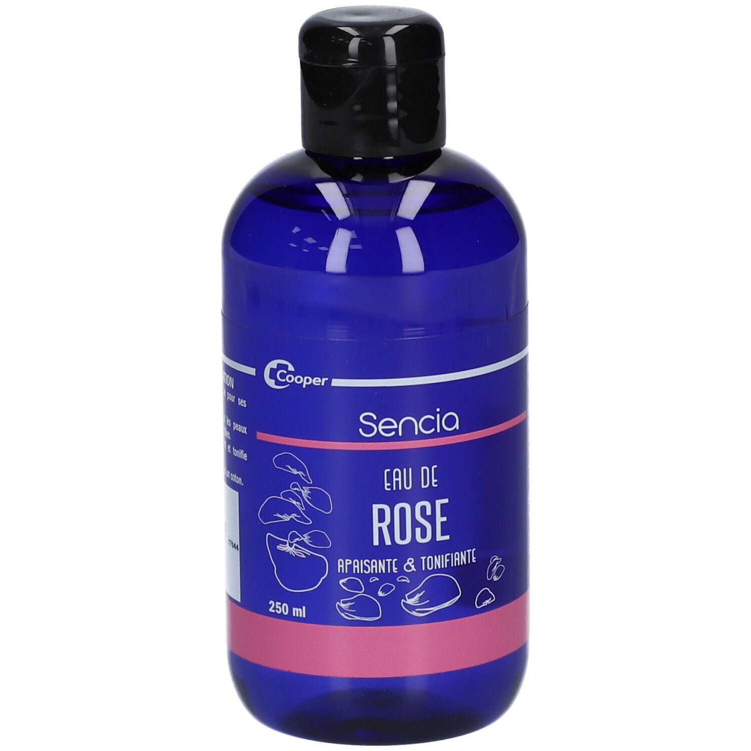 Flacon bleu avec bouchon noir. Inscription Sencia Eau de Rose. Étiquette rose avec illustrations florales.