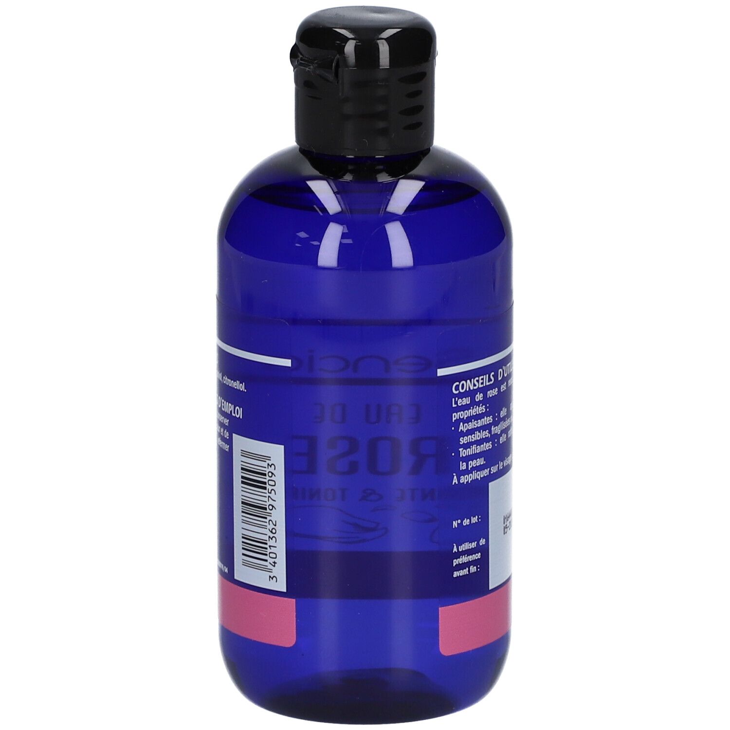 Flacon bleu avec bouchon noir. Inscription "Eau de Rose". Étiquette avec texte et bande rose. Vue arrière.