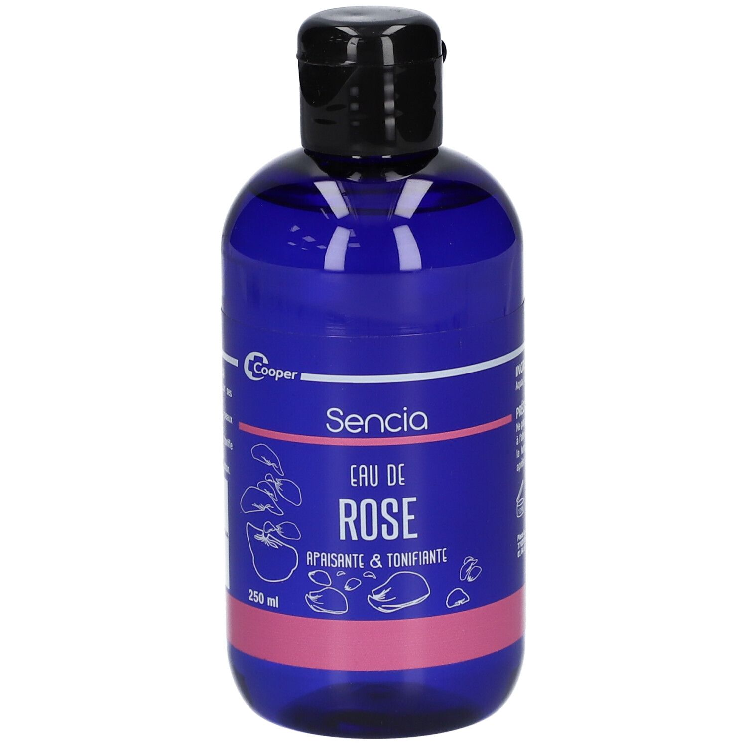 Flacon bleu avec bouchon noir. Inscription Sencia Eau de Rose. Étiquette rose avec illustrations florales.