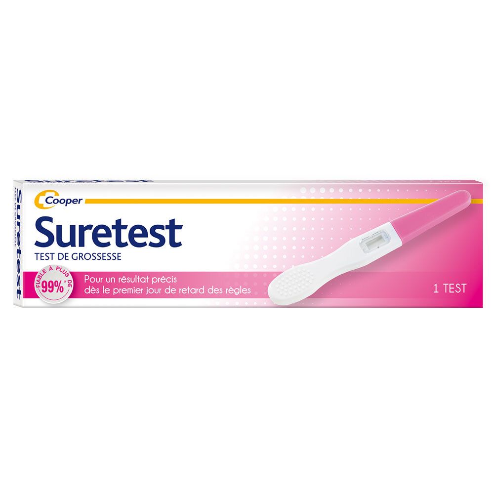 SURETEST zwangerschapstest. Witte verpakking met roze accenten. Test en teststrip zichtbaar.