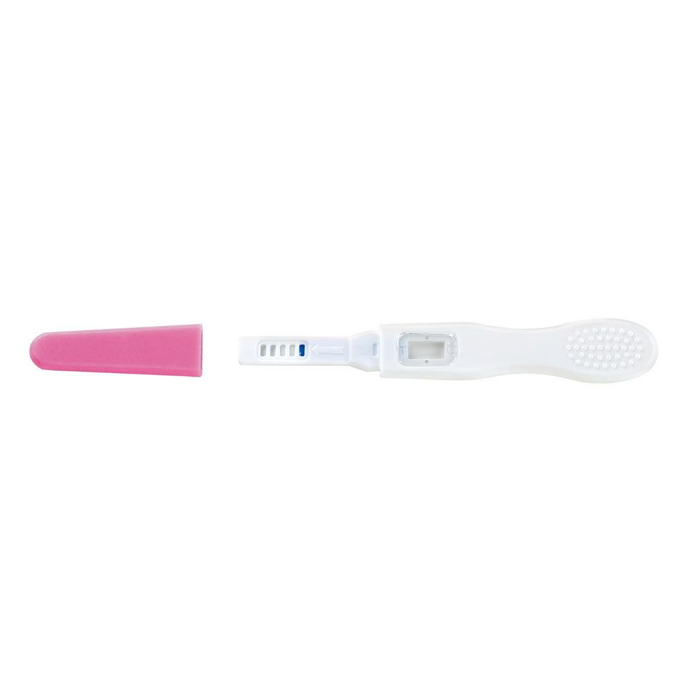 SURETEST zwangerschapstest. Witte teststrip met roze dop. Indicator zichtbaar.