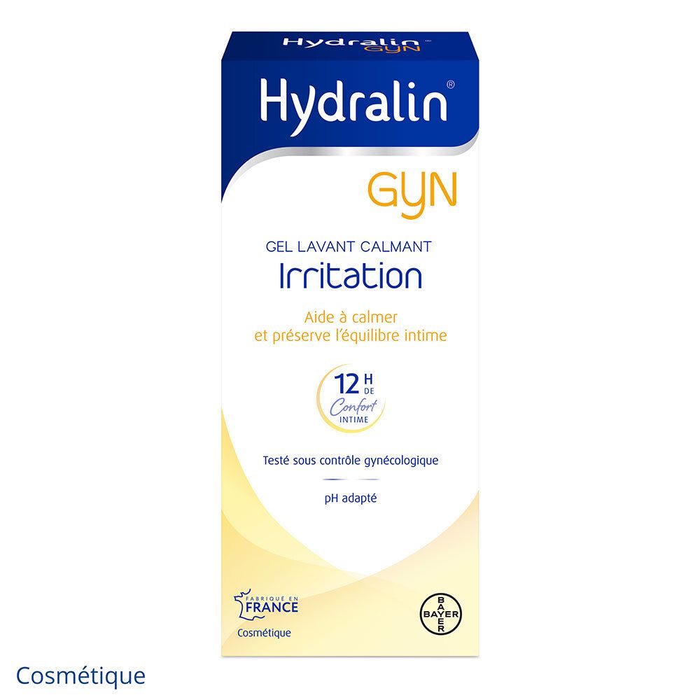 Verpakking Hydralin GYN. Blauwe en witte doos met productinformatie.