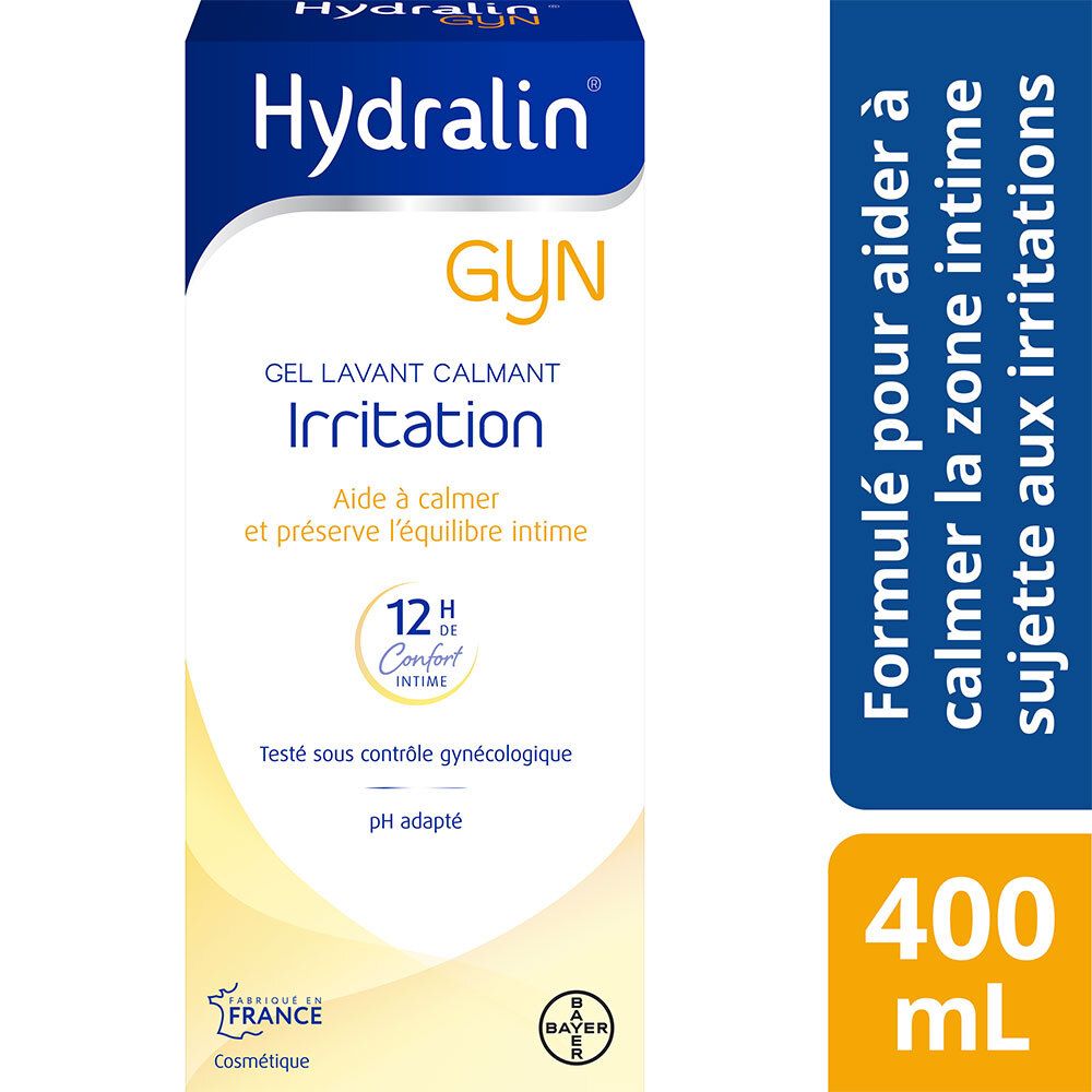 Verpakking Hydralin GYN. Blauwe en witte doos met productinfo. 400 ml.