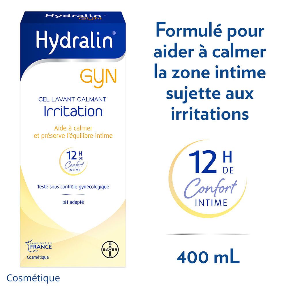 Verpakking Hydralin GYN. Blauwe en witte doos met productinfo. 400 ml.
