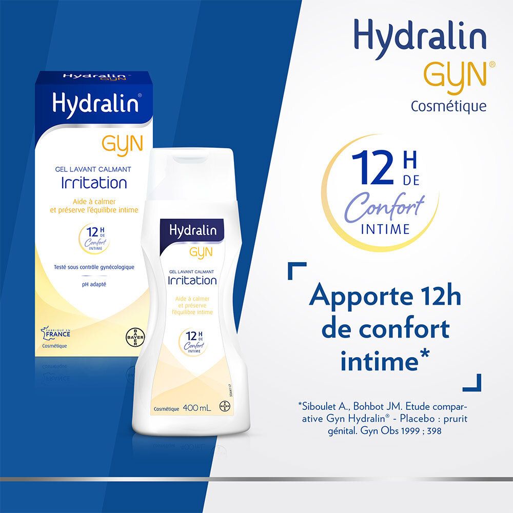 Hydralin GYN product en verpakking. Witte fles en blauwe doos. 400 ml.