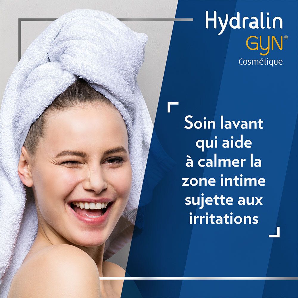 Vrouw met handdoek. Tekst: Hydralin GYN. Helpt irritatie te kalmeren.
