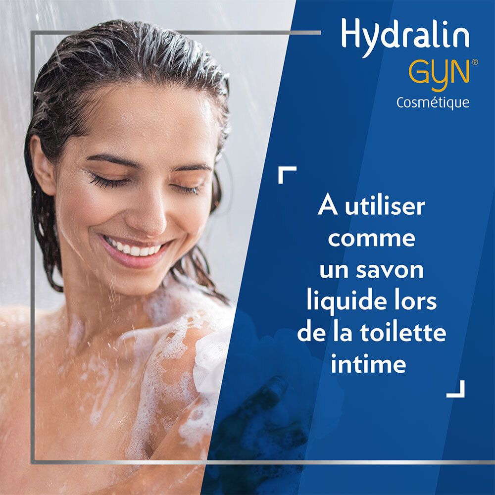 Vrouw onder de douche. Tekst: Hydralin GYN. Voor intieme hygiëne.