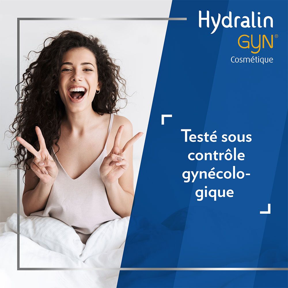 Vrouw in bed. Tekst: Hydralin GYN. Getest onder gynaecologisch toezicht.