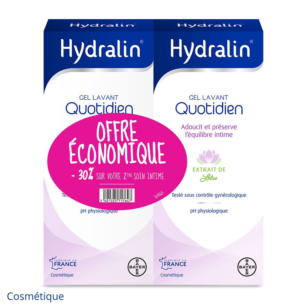 Twee verpakkingen Hydralin® Gel Lavant Quotidien. Roze label met tekst. Bayer-logo.