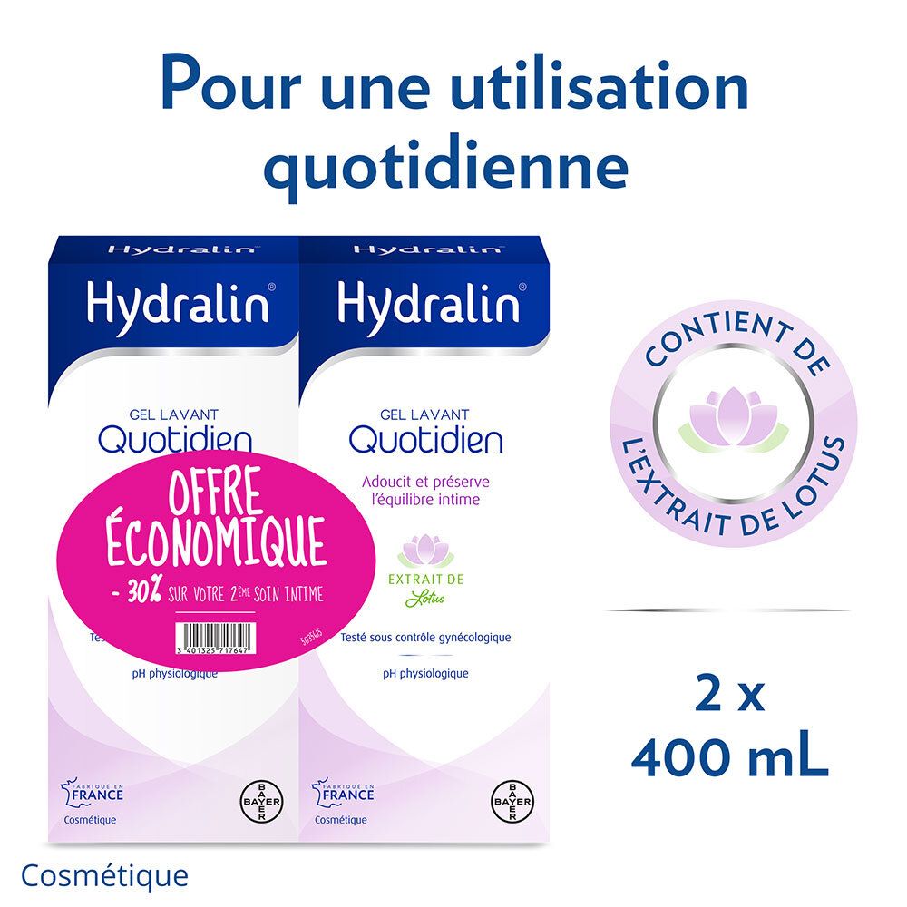 Twee verpakkingen Hydralin® Gel Lavant Quotidien. Tekst: Pour une utilisation quotidienne. 2x400 ml. Lotus-symbool.