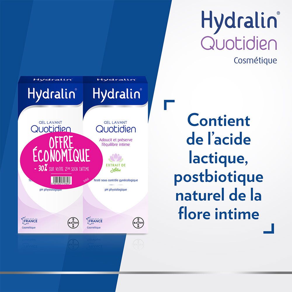 Twee verpakkingen Hydralin® Gel Lavant Quotidien. Tekst: Contient de l'acide lactique. Bayer-logo.