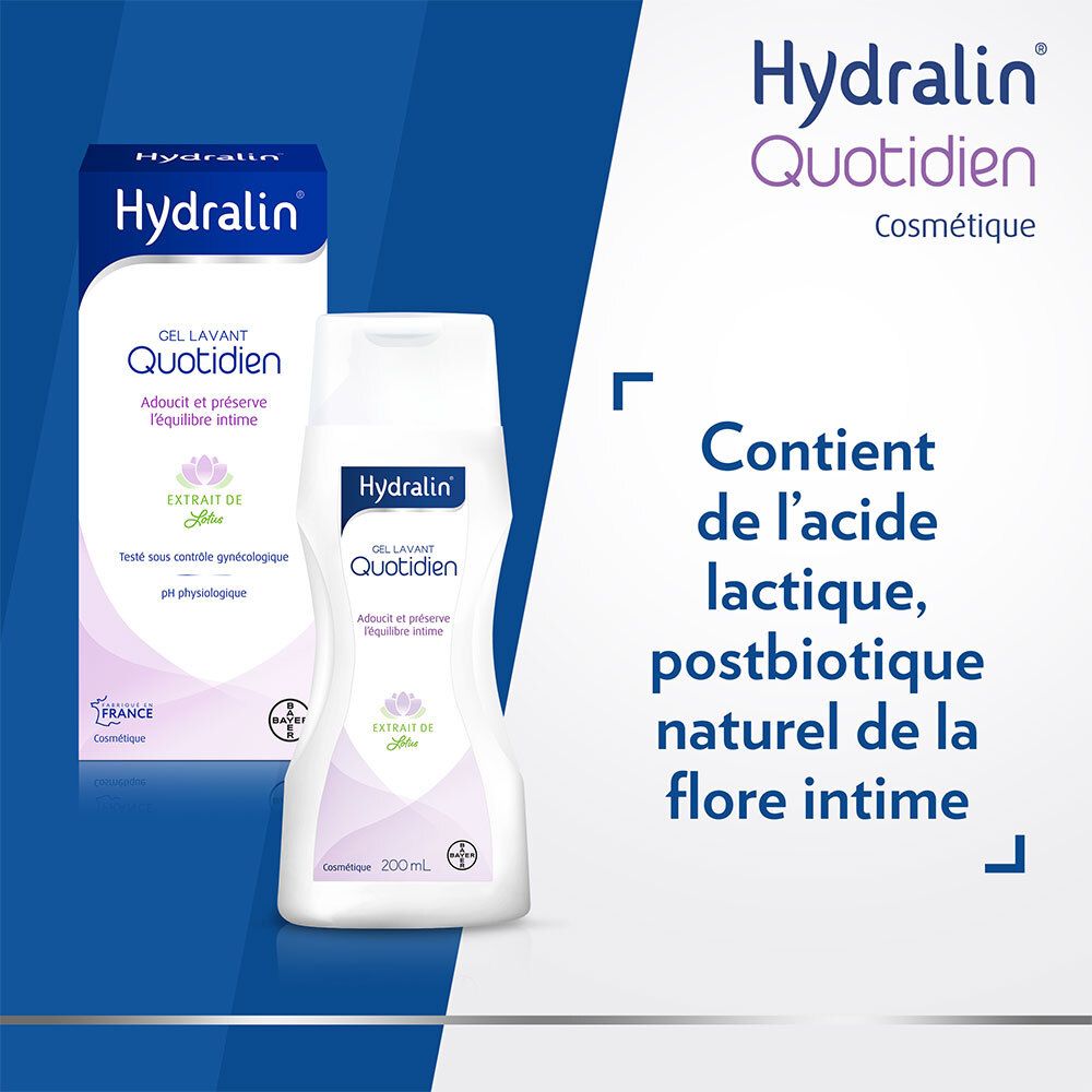 Hydralin® Gel Lavant Quotidien en verpakking. Tekst: Contient de l'acide lactique. 200 ml.